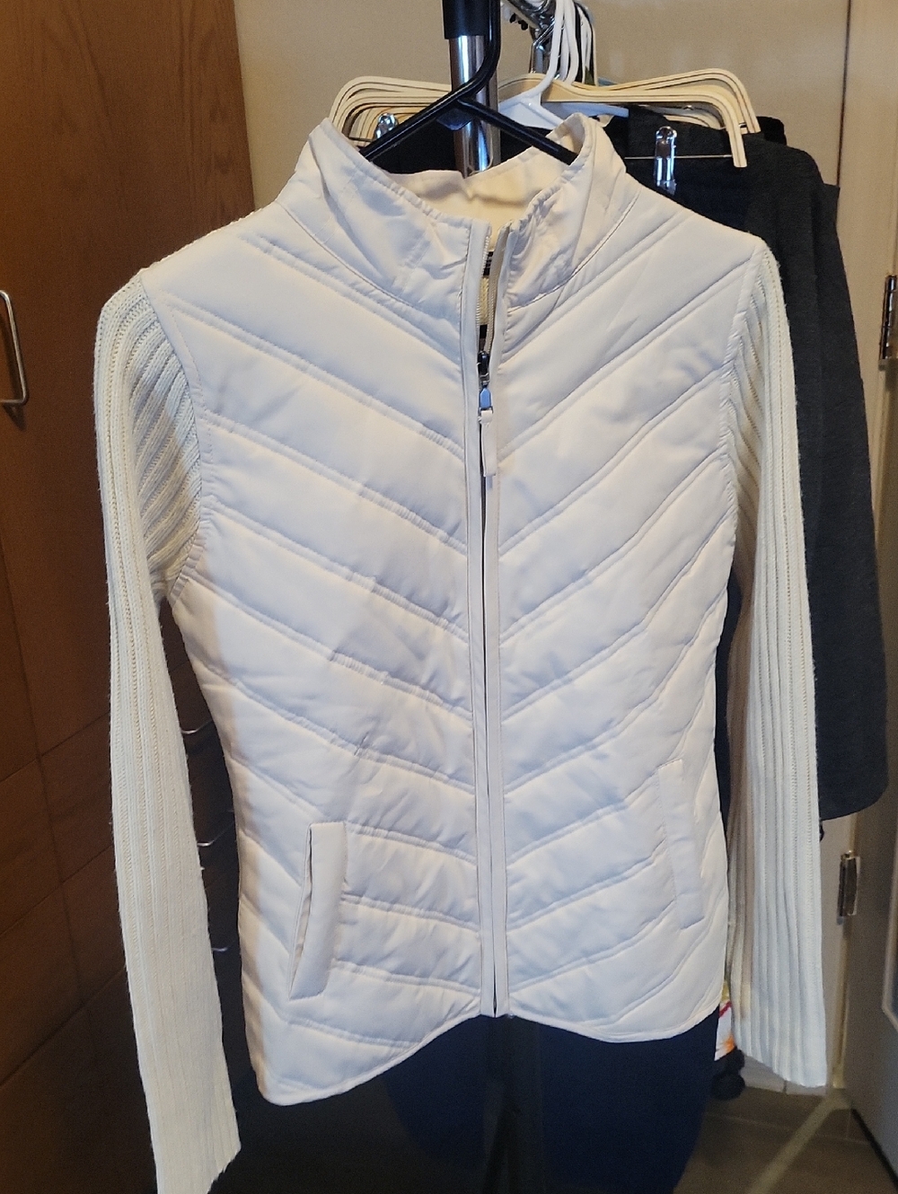 Cream Quilted Puffer Jacket with Knit Sleeves